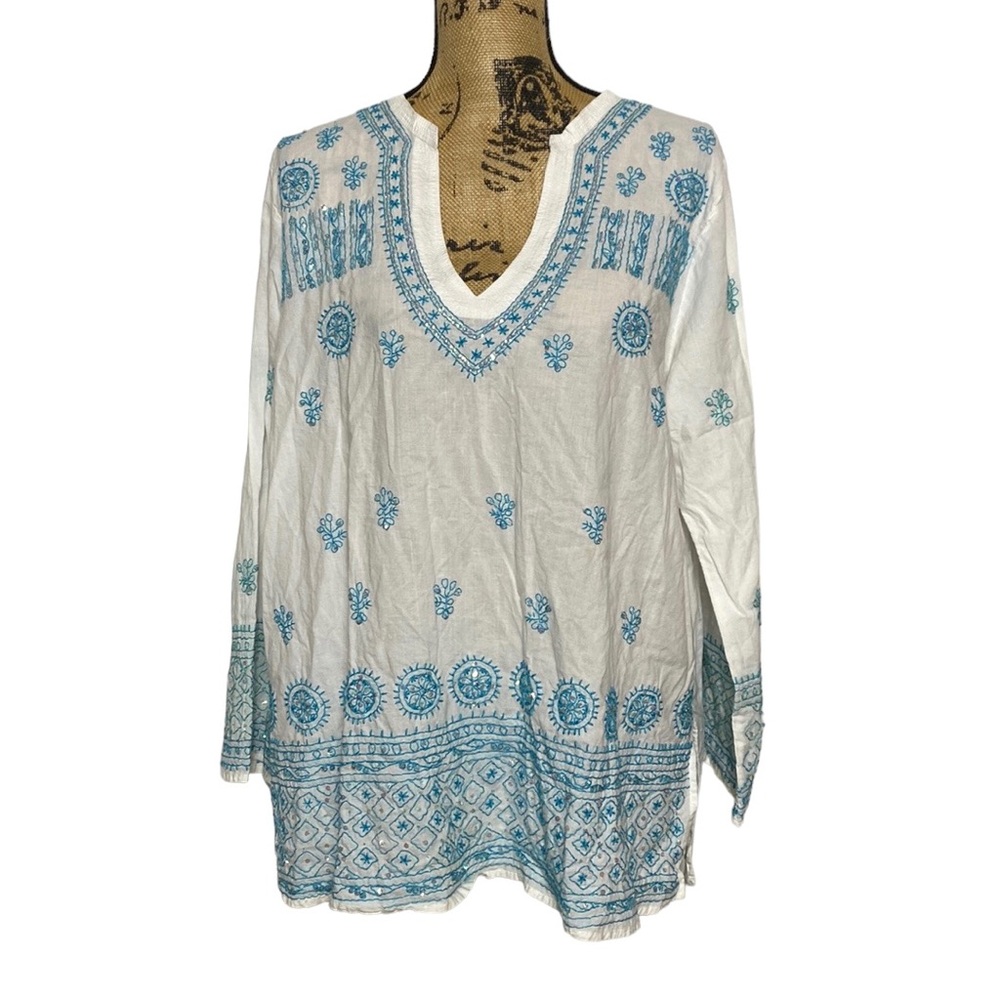 White Boho V-Neck Blue Embroidery Sequin Top